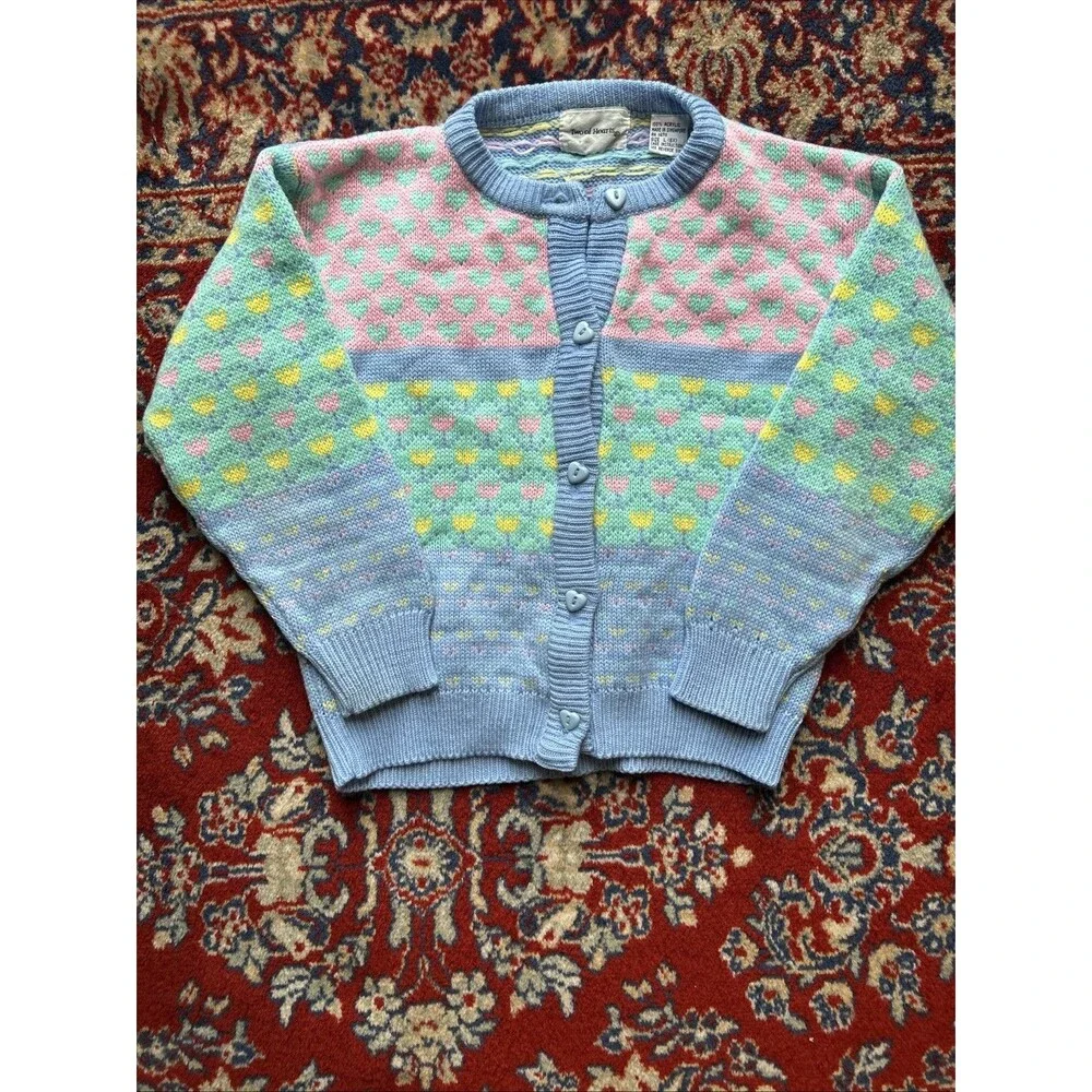 Vintage Two of Hearts Kids Sweater Large Crew Neck 90s Knit Cardigan L 6x